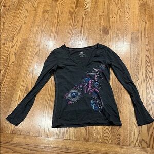 American Eagle feather graphic Long Sleeve V-Neck Top size L Y2K 100% cotton